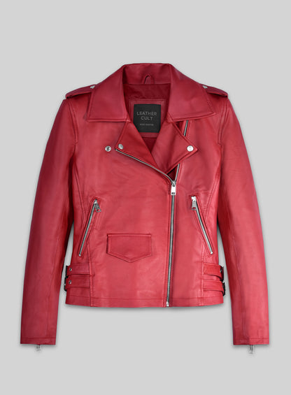 Front view of a raspberry red lambskin leather biker jacket with silver zips and belted sides