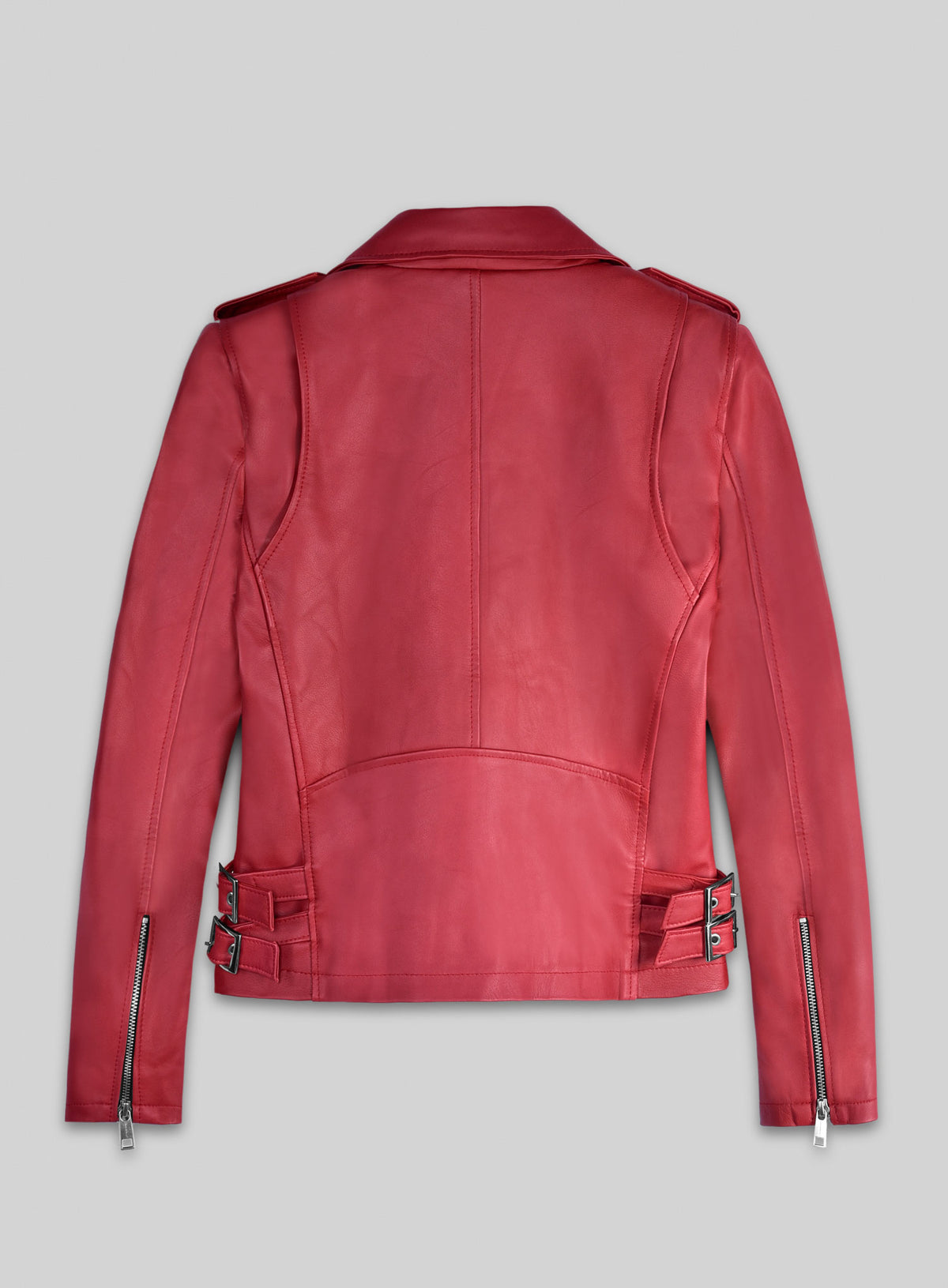 Back view of a raspberry red lambskin leather biker jacket with side buckles and sleeve zips