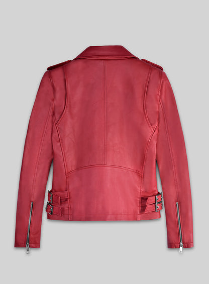 Back view of a raspberry red lambskin leather biker jacket with side buckles and sleeve zips