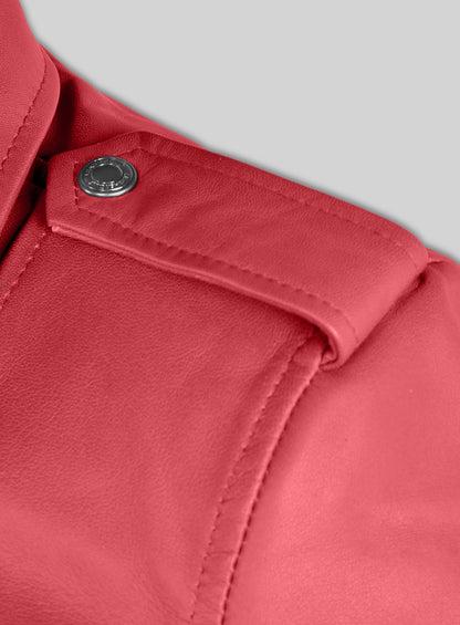 Detail of red leather jacket epaulette with metal snap button