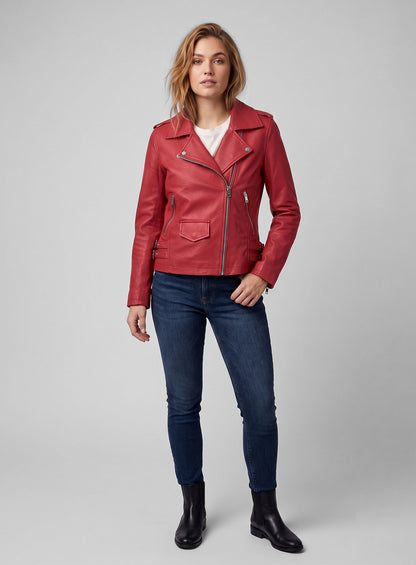 Full-length view of a woman wearing a red leather biker jacket, white tee and jeans