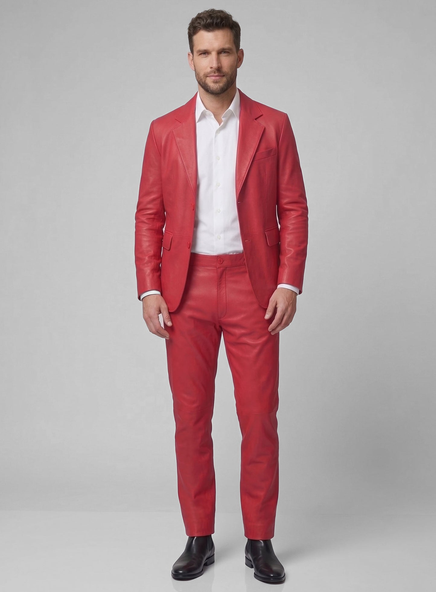 Raspberry Red Lambskin Leather Suit