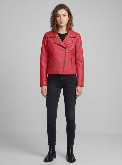 Raspberry Red Oxley Lambskin Leather Biker Jacket
