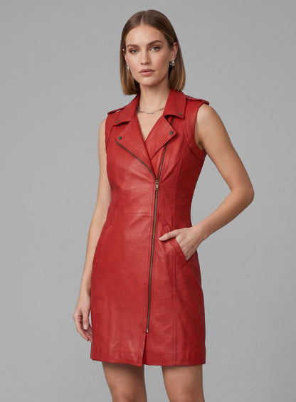 Red Motivated Biker Leather Dress #772