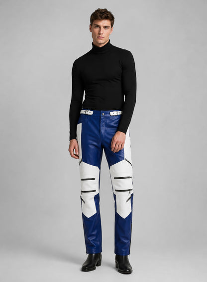 Rich Blue Electric Zipper Combination Leather Pants
