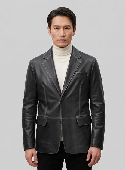 Rubbed Black Leather Blazer