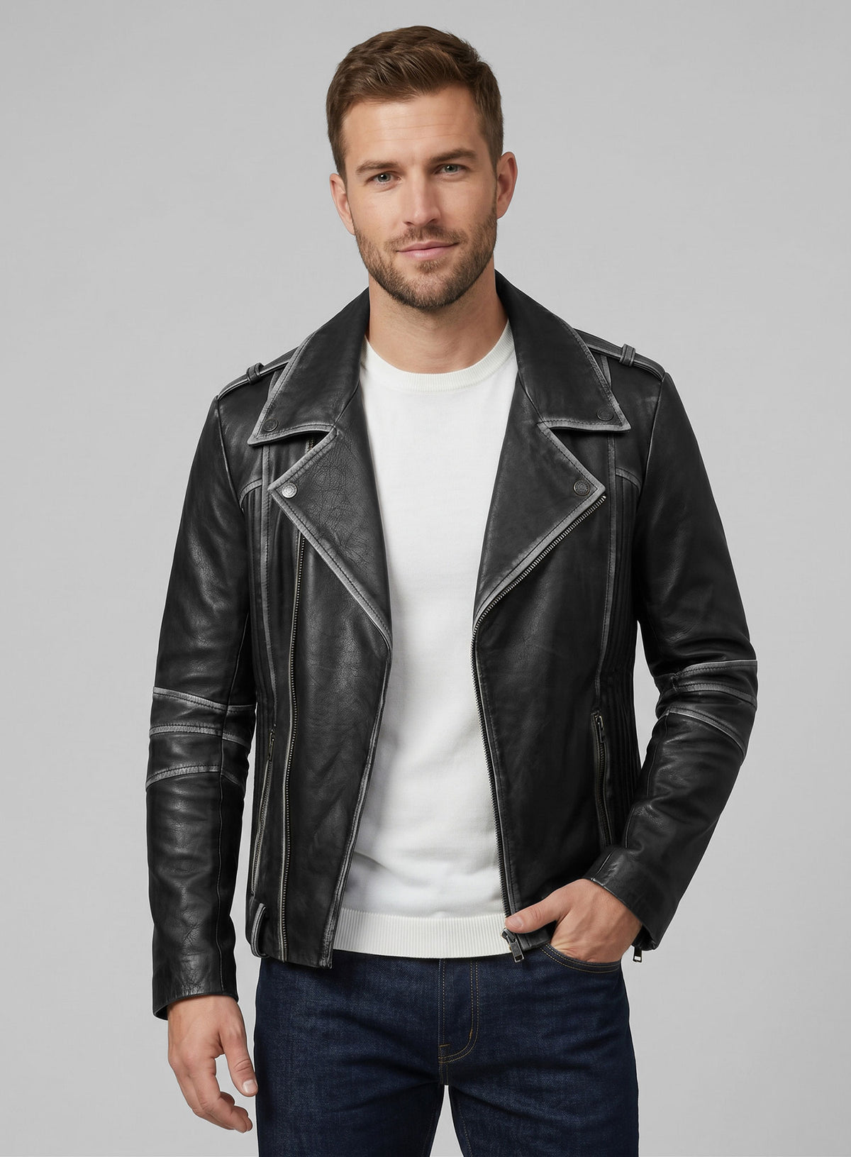 Rubbed Black Leather Jacket # 234