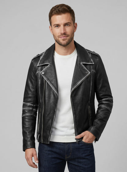 Rubbed Black Leather Jacket # 234