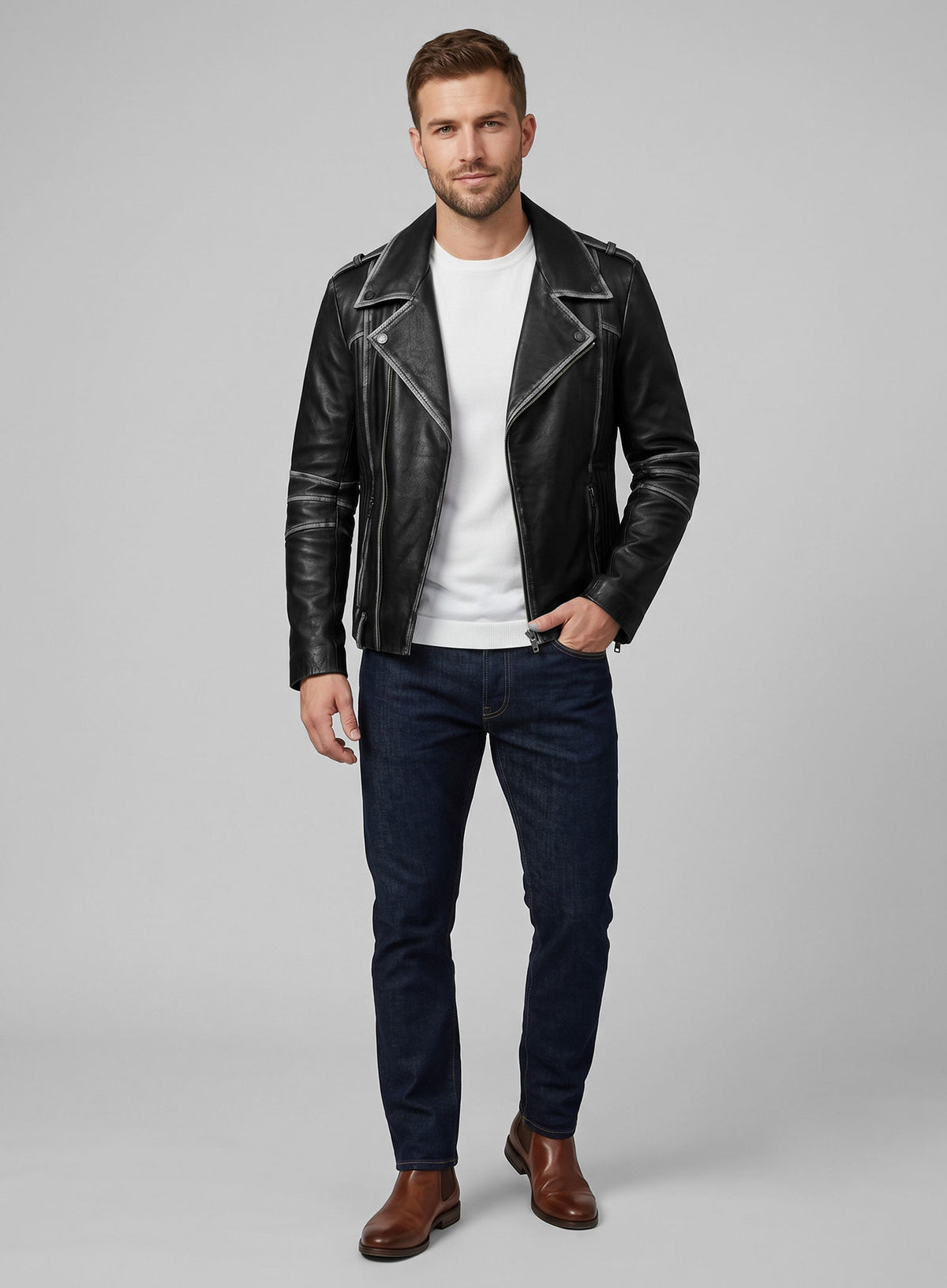 Rubbed Black Leather Jacket # 234