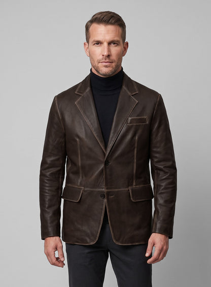 Rubbed Brown Leather Blazer