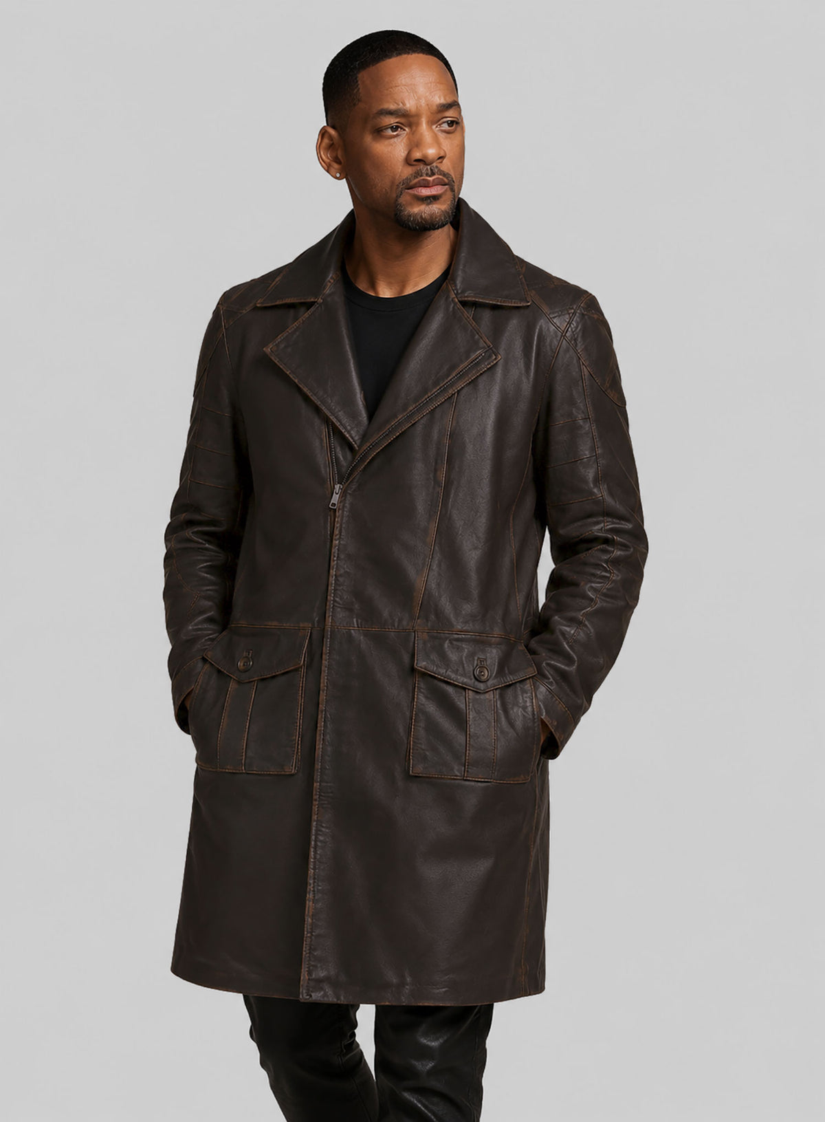 Rubbed Brown Will Smith I Robot Leather Trench Coat