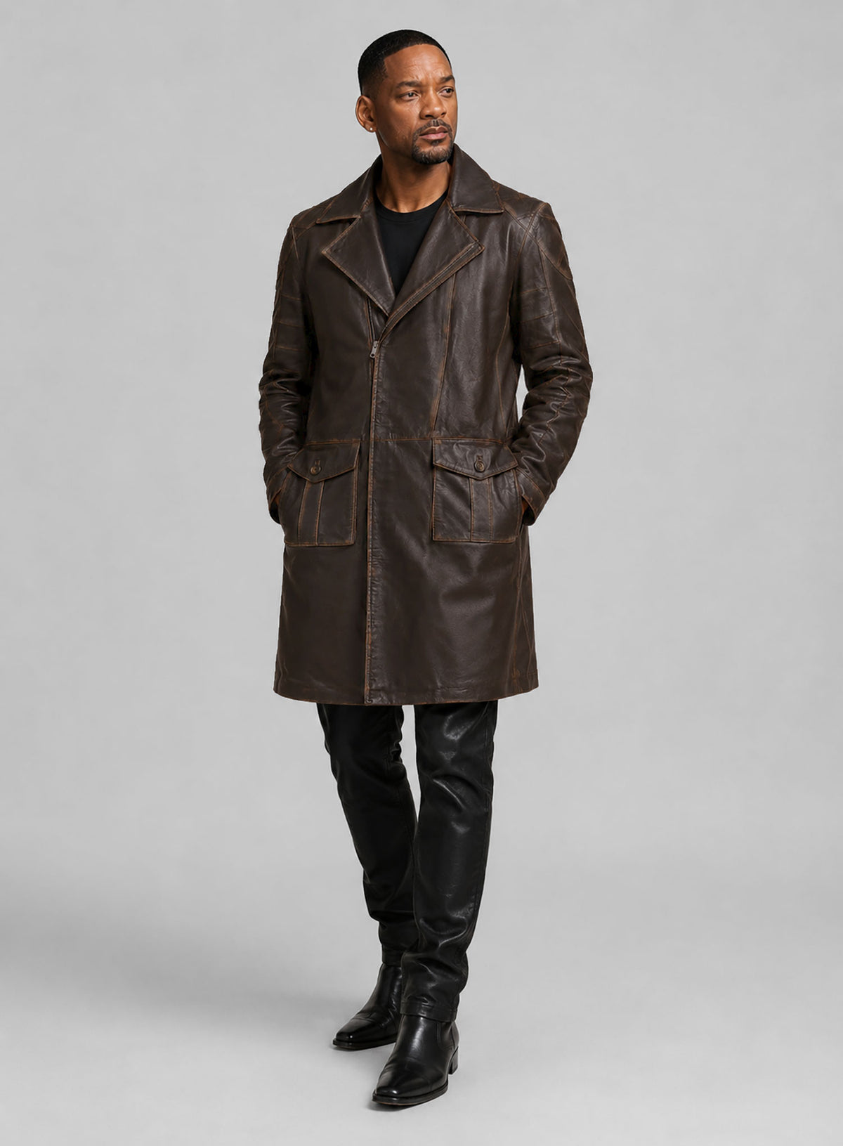 Rubbed Brown Will Smith I Robot Leather Trench Coat