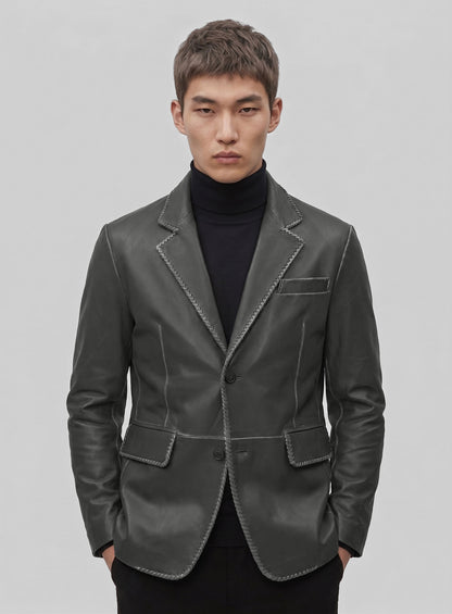 Rubbed Charcoal Medieval Leather Blazer