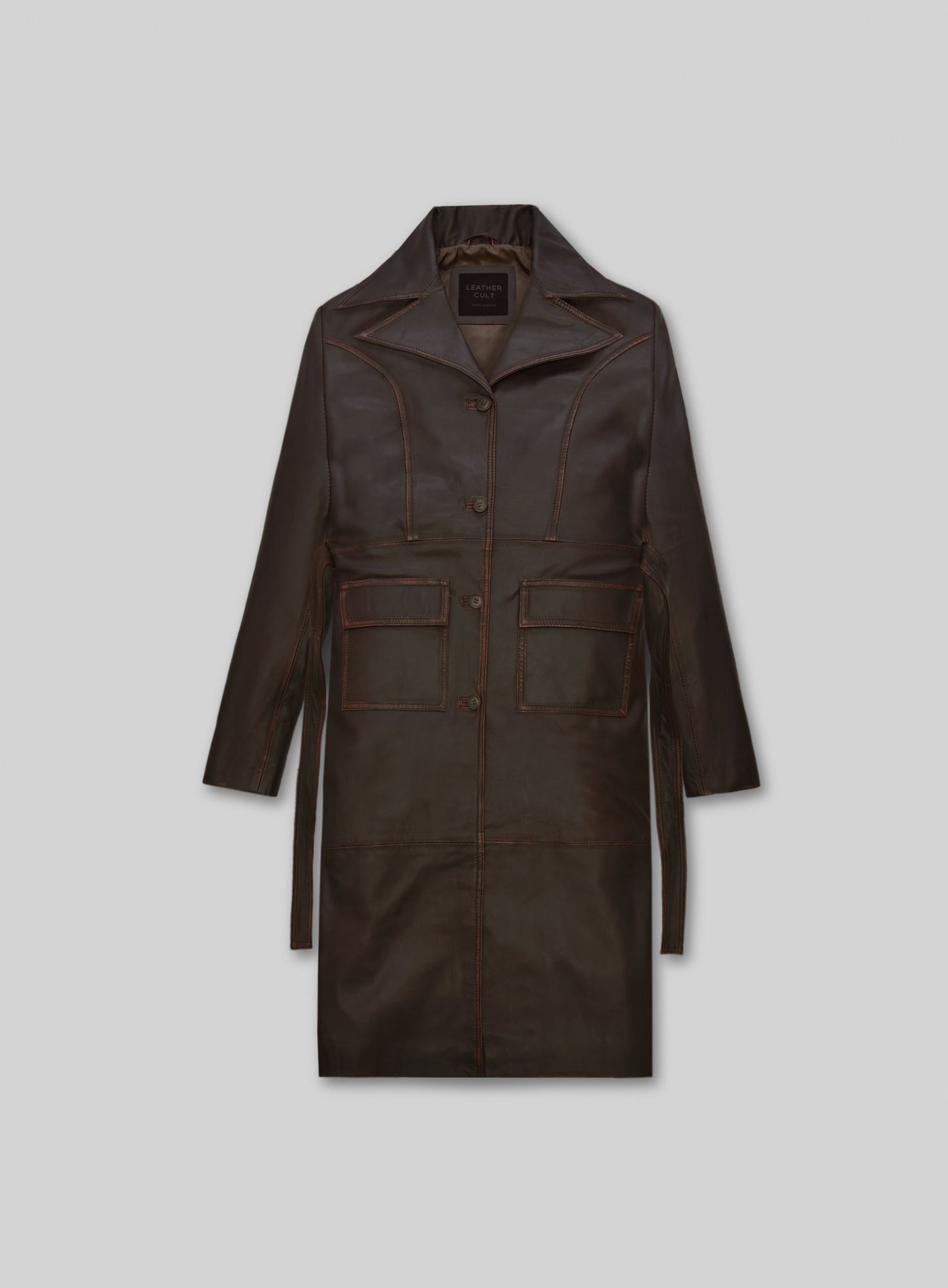 Rubbed Dark Brown Alpine Leather Long Coat
