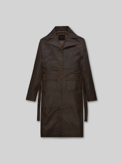 Rubbed Dark Brown Alpine Leather Long Coat