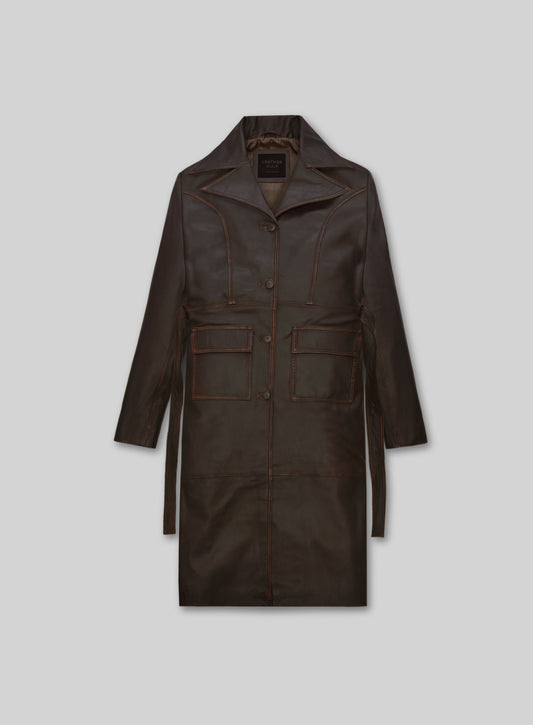 Rubbed Dark Brown Alpine Leather Long Coat