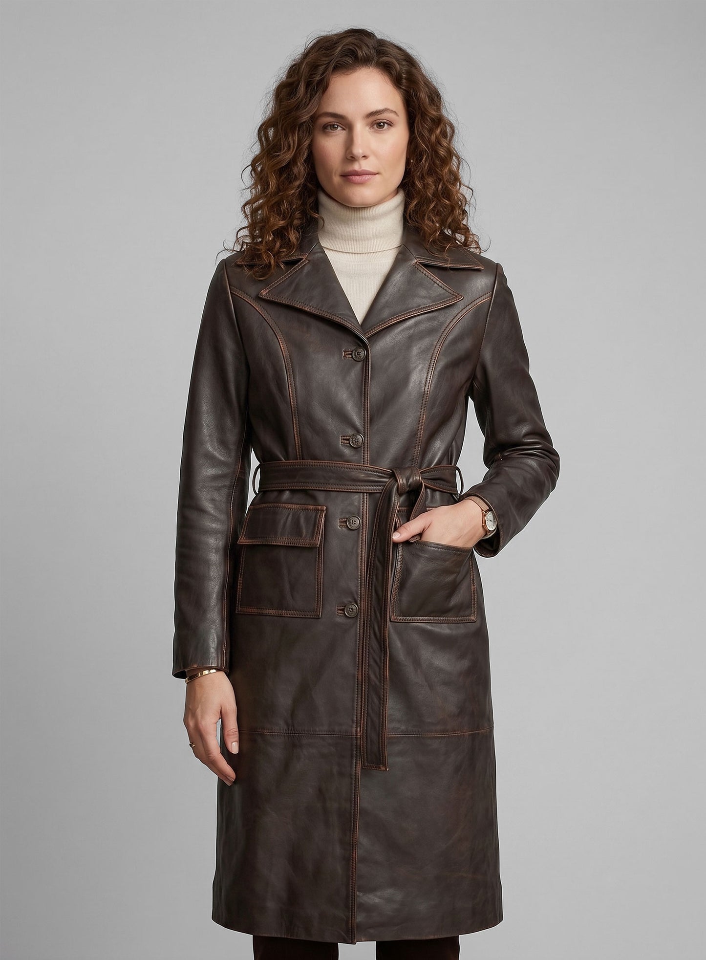 Rubbed Dark Brown Alpine Leather Long Coat