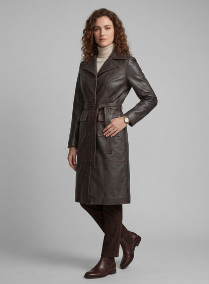 Rubbed Dark Brown Alpine Leather Long Coat