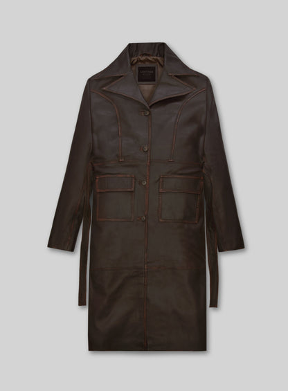 Rubbed Dark Brown Alpine Leather Long Coat