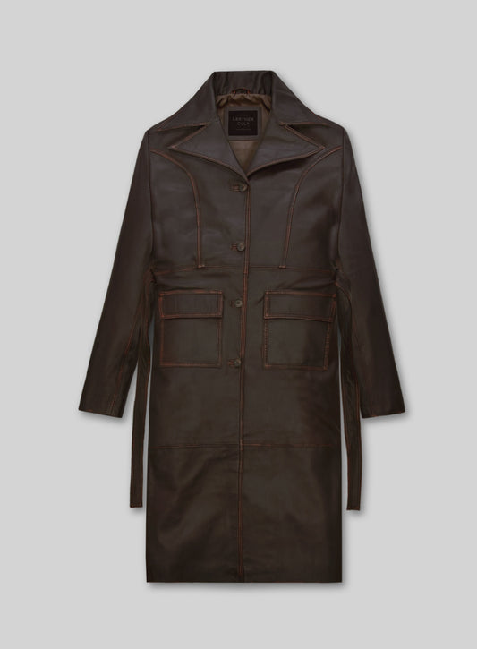 Rubbed Dark Brown Alpine Leather Long Coat