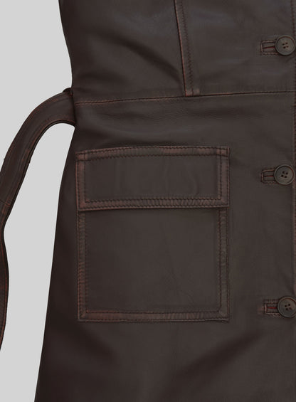 Rubbed Dark Brown Alpine Leather Long Coat