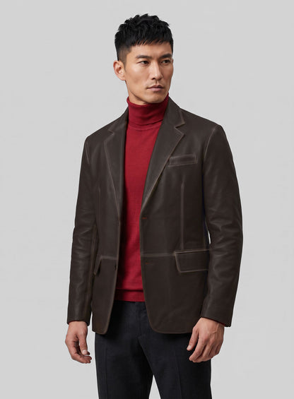 Rubbed Dark Brown Leather Blazer