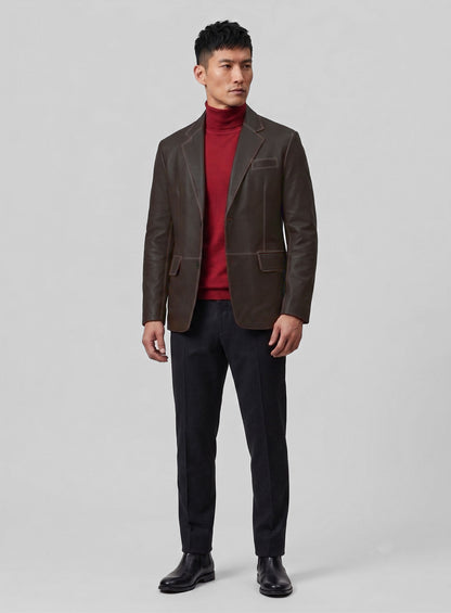 Rubbed Dark Brown Leather Blazer