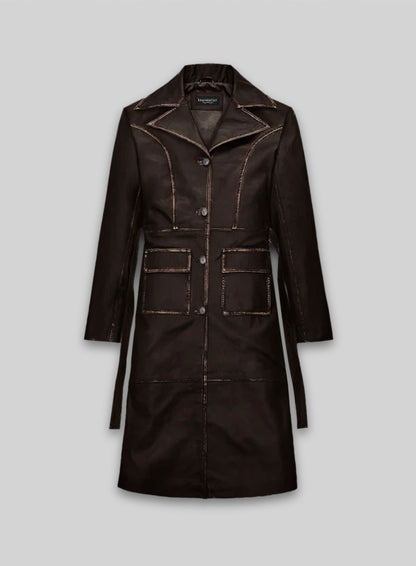 Rubbed Dark Brown Alpine Leather Long Coat
