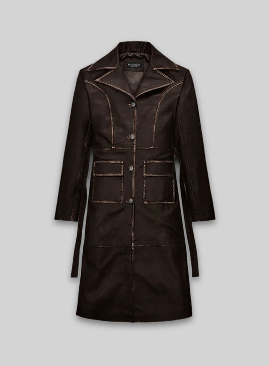 Rubbed Dark Brown Alpine Leather Long Coat