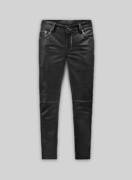 Rubbed Black Leather Jeans Style