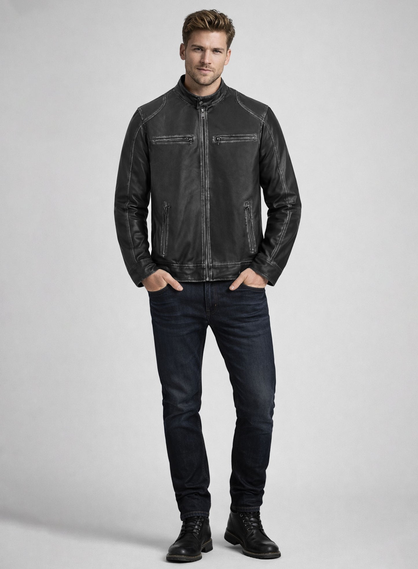 Rubbed Black Leather Jacket # 654