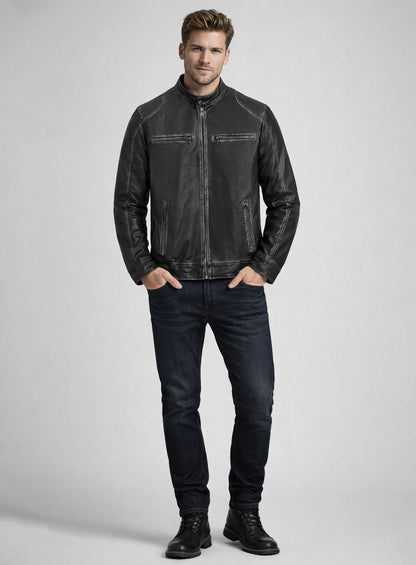 Rubbed Black Leather Jacket # 654