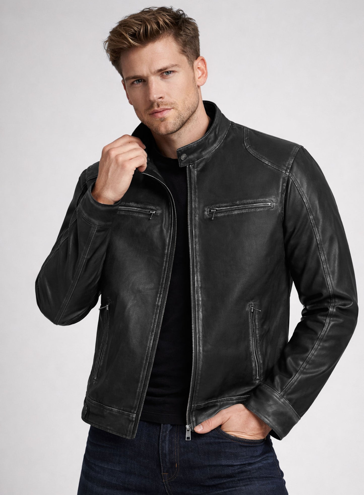 Rubbed Black Leather Jacket # 654