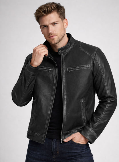 Rubbed Black Leather Jacket # 654