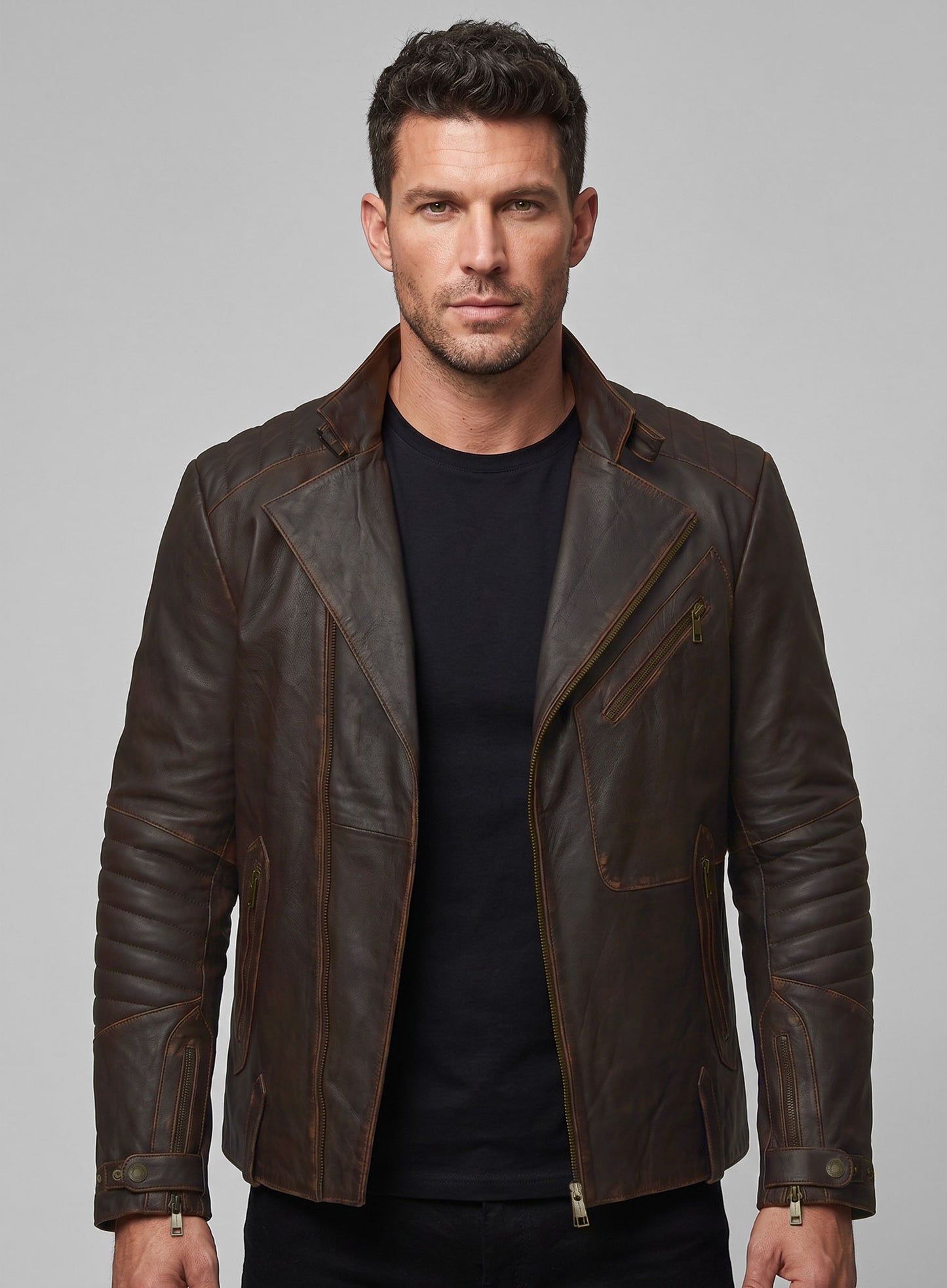 Rubbed Brown David Leather Jacket