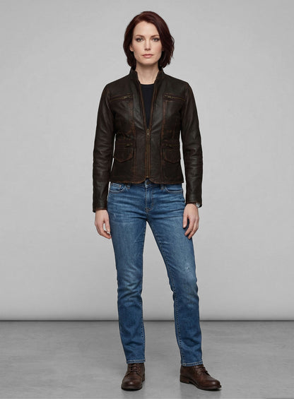 Rubbed Dark Brown Washed Alicia 88 Minutes Leather Jacket