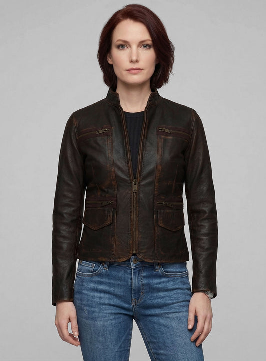 Rubbed Dark Brown Washed Alicia 88 Minutes Leather Jacket