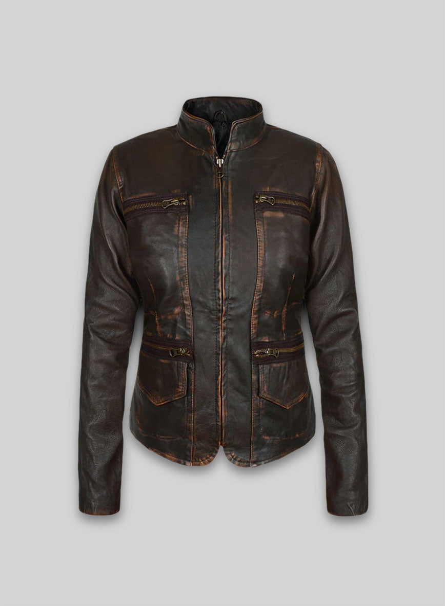 Rubbed Dark Brown Washed Alicia 88 Minutes Leather Jacket