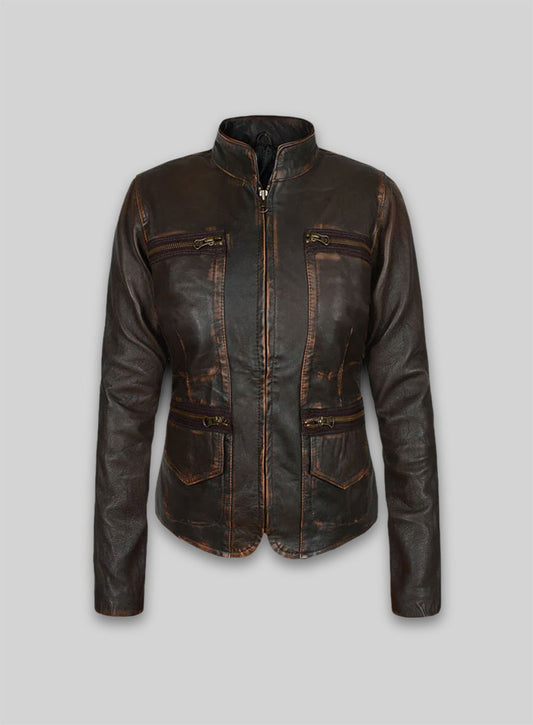 Rubbed Dark Brown Washed Alicia 88 Minutes Leather Jacket