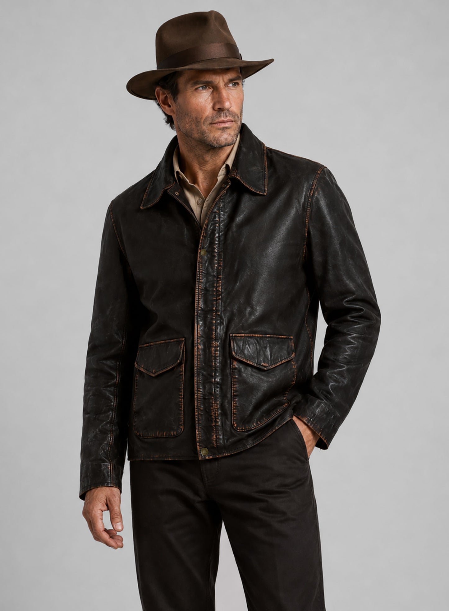 Rubbed Dark Brown Washed Indiana Jones Leather Jacket