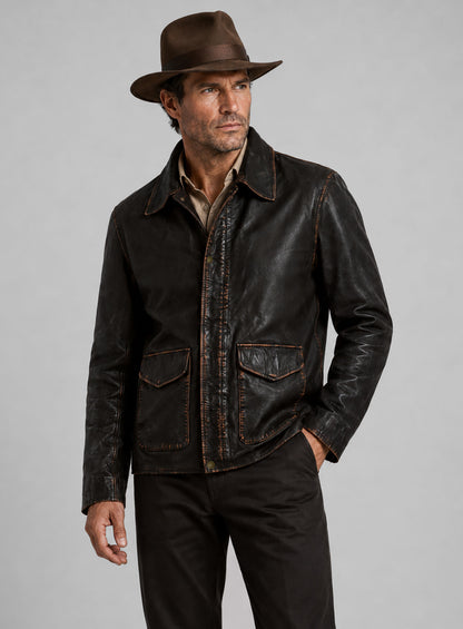 Rubbed Dark Brown Washed Indiana Jones Leather Jacket