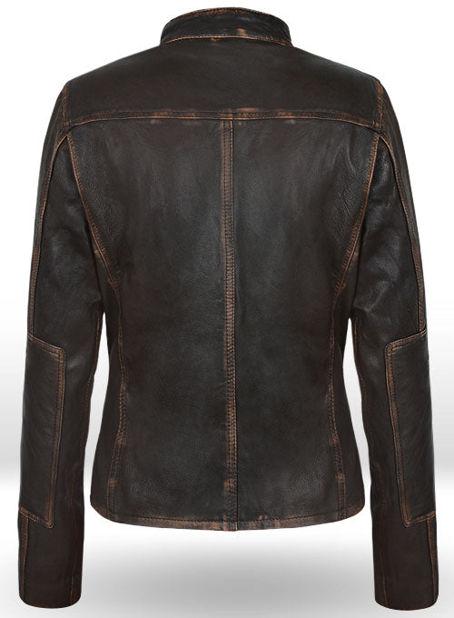Rubbed Dark Brown Washed Alicia 88 Minutes Leather Jacket - LeatherCult