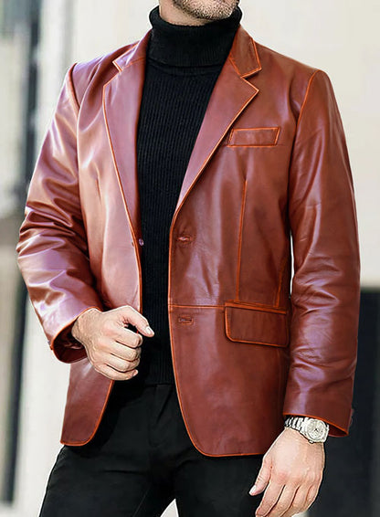 Rubbed Tan Brown Leather Blazer - LeatherCult