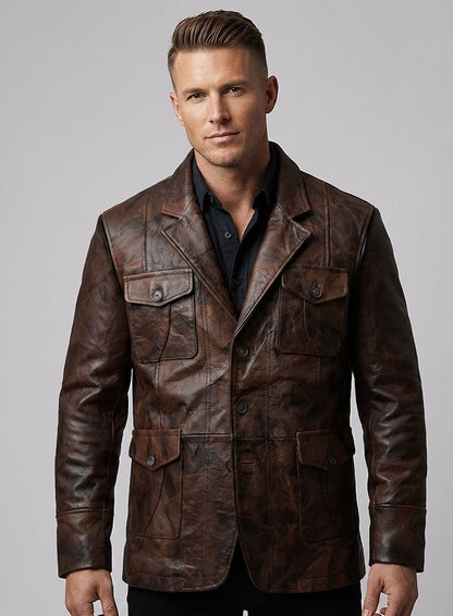 Rustic Brown Crush Leather Blazer - #716