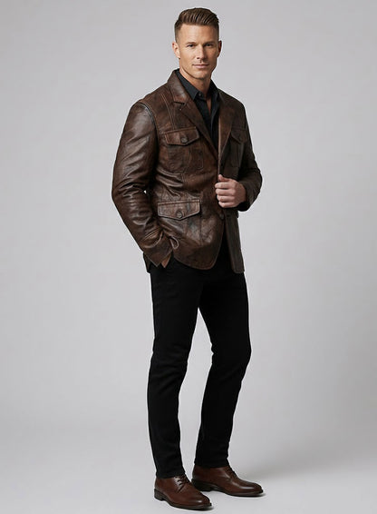 Rustic Brown Crush Leather Blazer - #716