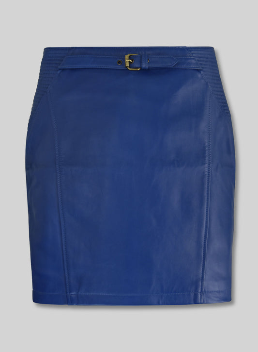Blue leather mini skirt with buckle belt detail and quilted side panels, front view
