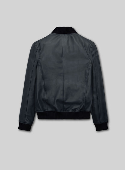 Back view of a dark grey-blue leather bomber jacket with ribbed hem and cuffs