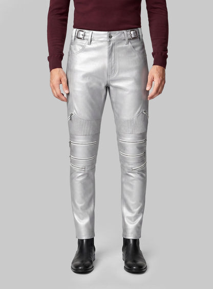 Silver Electric Zipper Mono Leather Pants