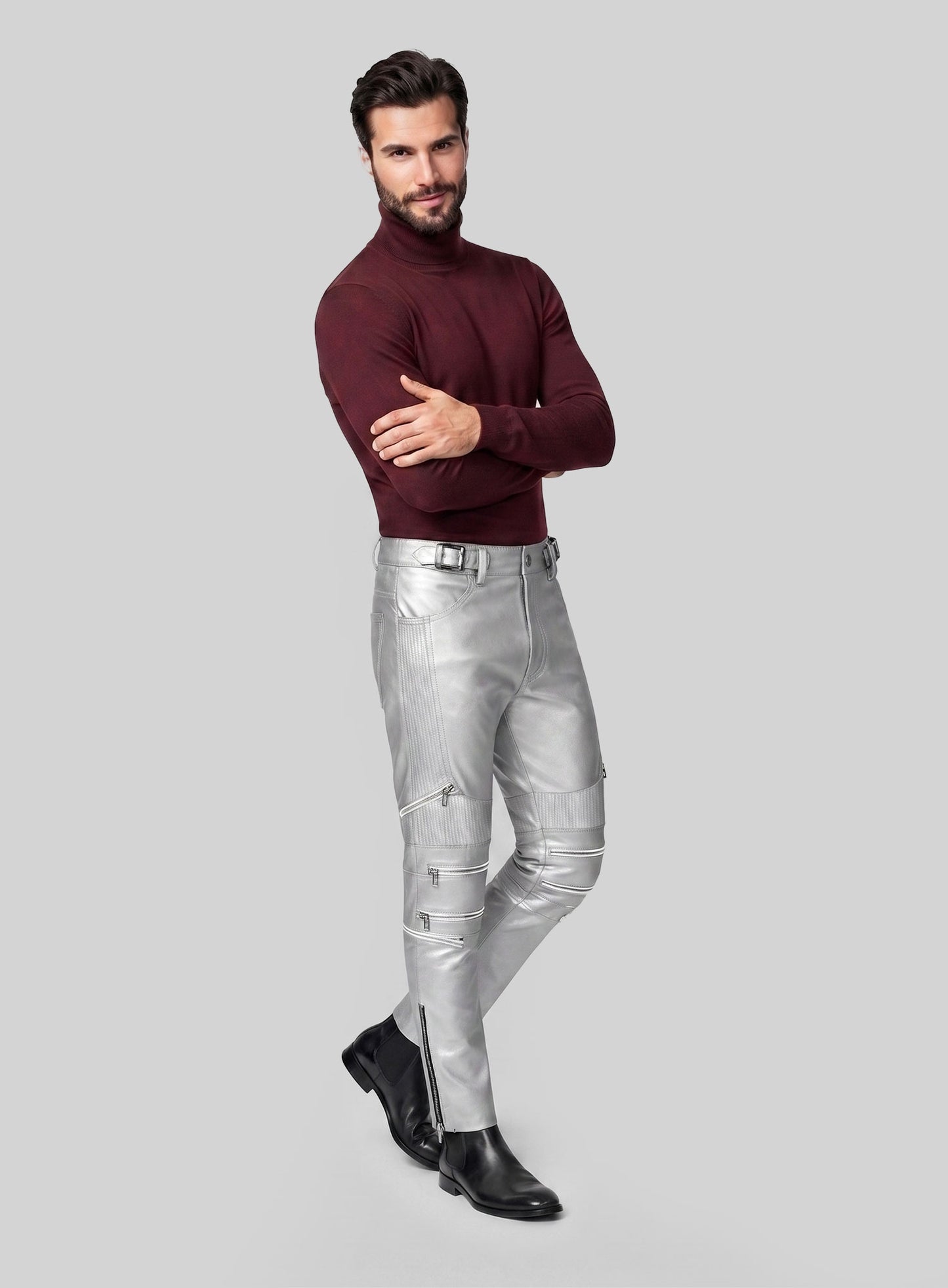 Silver Electric Zipper Mono Leather Pants