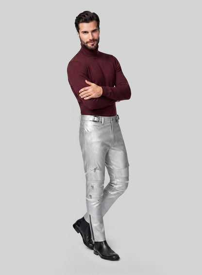 Silver Electric Zipper Mono Leather Pants